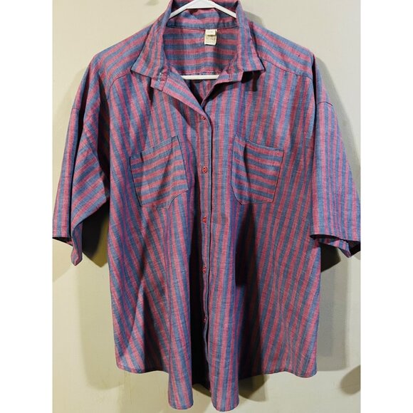 Unbranded Tops - Vintage Womens Size 16 Red & Blue Striped Short Sleeve Button-Up Shirt